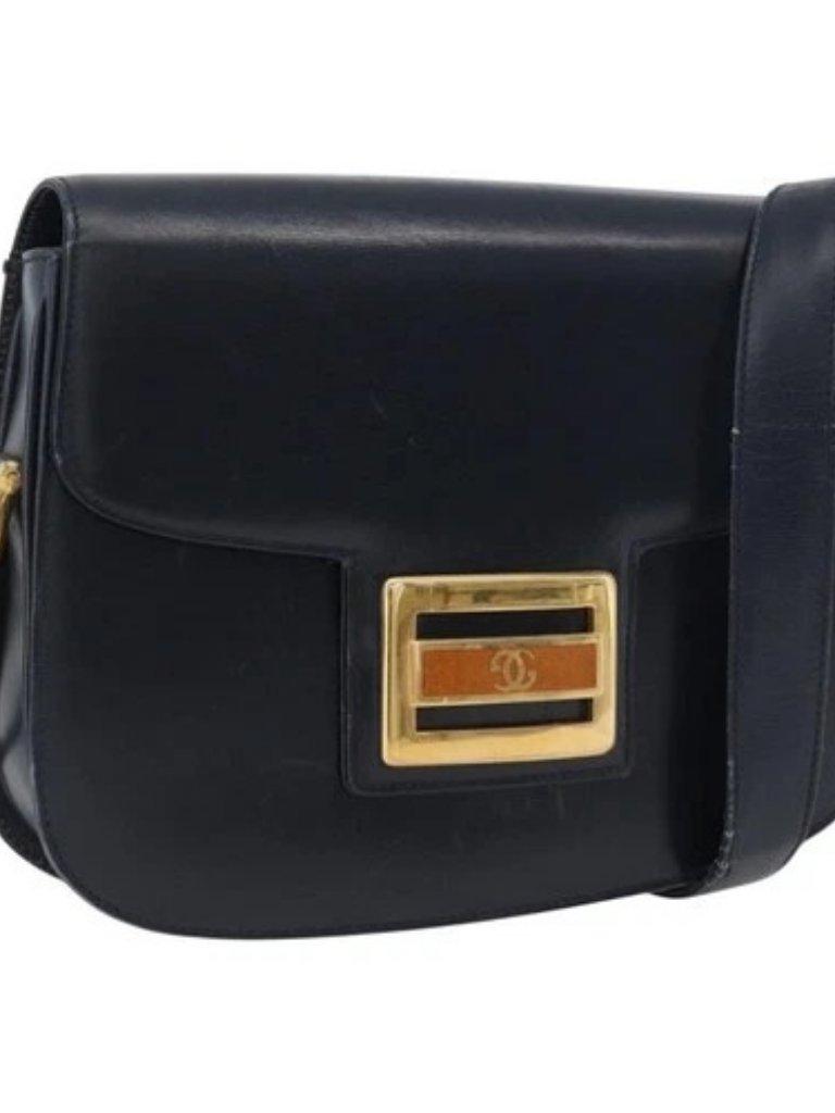 Gucci Shoulder Bag Leather Navy Gold Auth 169677